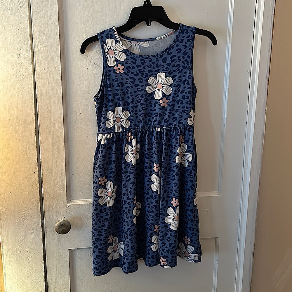 Floral Blue Cotton Girls Dress with pockets.